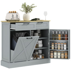 HOMCOM 10 Gallon Farmhouse Kitchen Cabinet with Hidden Trash Can and 2 Drawers, Tilt Out Trash Can Cabinet for Kitchen, Gray
