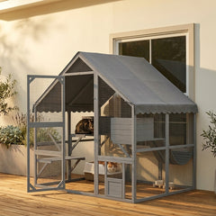 PawHut Wooden Catio Outdoor Cat Enclosure with Waterproof Cover, 2 Condos, 4 Platforms, Bridge, Doors, Gray