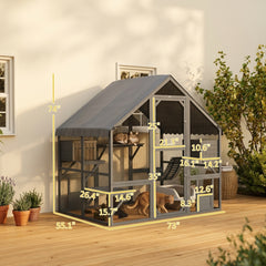 PawHut Wooden Catio Outdoor Cat Enclosure with Waterproof Cover, 2 Condos, 4 Platforms, Bridge, Doors, Gray