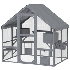 PawHut Wooden Catio Outdoor Cat Enclosure with Waterproof Cover, 2 Condos, 4 Platforms, Bridge, Doors, Gray