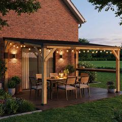 Outsunny 10' x 14' Wooden Gazebo, Hardtop Lean-to Gazebo Pergola with Galvanized Steel Sloped Roof, Bar Shelf, Natural Wood