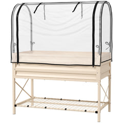 Outsunny Raised Garden Bed with Legs and Cover, Metal Elevated Planter Box with Bottom Shelf and Liner for Vegetables, Cream