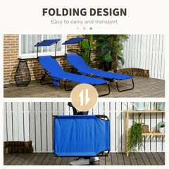 Outsunny Pool Chaise Lounge Chairs Set of 2, Folding Lounge Chairs with Sunshade, Reclining Back, Steel Frame, Blue
