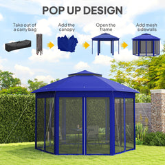 Outsunny 13' x 13' Pop Up Gazebo Hexagonal Canopy Shelter with 6 Zippered Mesh Netting for Patio Backyard Garden Wedding Party