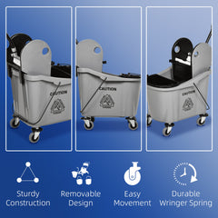 HOMCOM 9.5 Gallon (38 Quart) Mop Bucket with Wringer Cleaning Cart, 4 Moving Wheels, Mop-Handle Holder & 2 Separate Buckets, Gray