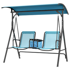 Outsunny 2 Person Porch Swing with Canopy, Storage Table, Cup Holder, Blue