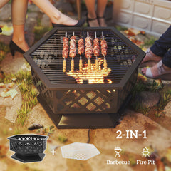 Outsunny 28" Outdoor Fire Pit with Grill Hexagon Fireplace Wood Burning Firepit with Cooking Grate, Fire Poker, Spark Screen Lid