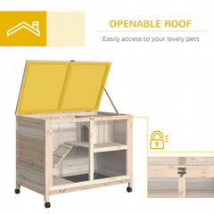 PawHut Rabbit Hutch with Wheels, Desk and Side Table Sized, Wooden Rabbit Cage, Waterproof Small Bunny Cage with Removable Tray, Openable Roof, for Rabbits, Chickens, Ducks, Indoor/Outdoor, Natural