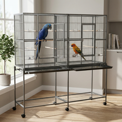 PawHut Rolling 65"L Bird Cage w/ Storage Shelf Wood Perch Food Container