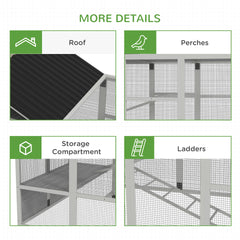PawHut Wooden Chicken Coop Run for 6 - 10 Chickens, Hen House Add-On with Storage, Perches, 141.75" x 48" x 61", Gray
