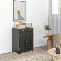 HOMCOM Kitchen Storage Cabinet, Sideboard Floor Cupboard with Solid Wood Top, Adjustable Shelf, and 2 Drawers, Distressed Black
