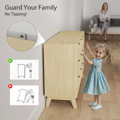 HOMCOM 6 Drawer Double Dresser for Bedroom, Fluted Chest of Drawers with Gold Finger Pulls and 5 Wood Legs, Natural Wood