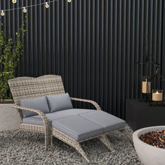 Outsunny Wicker Adirondack Chair for 2 with Cushions & Footrests, PE Rattan Double Chaise Lounge Chair, Fire Pit Chair for Porch with Wide Armrests, High-back, Gray