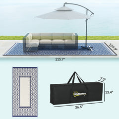 Outsunny Reversible Outdoor Rug, Waterproof Plastic Straw with Carry Bag, 9' x 18', Blue & White Gourd Border