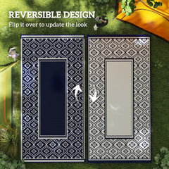 Outsunny Reversible Outdoor Rug, Waterproof Plastic Straw with Carry Bag, 9' x 18', Blue & White Gourd Border