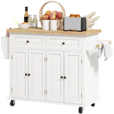 HOMCOM Kitchen Island on Wheels, Rolling Cart with Rubberwood Top, Spice Rack, Towel Rack and Drawers, Cream White