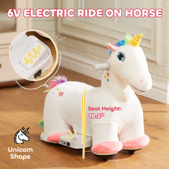 Qaba Kids Ride on Unicorn, 6V Battery Powered Electric Ride on Animal Toy w/ Music Forward, Foot Pedal for Aged 18-36 Months