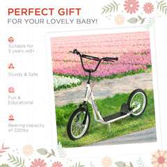 Aosom Youth Scooter Kick Scooter for Kids 5+ with Adjustable Handlebar Front and Rear Dual Brakes Inflatable Wheels, White