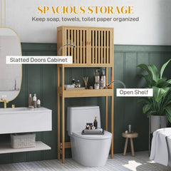 HOMCOM Over the Toilet Cabinet, Bamboo Bathroom Above Toilet Storage with Slatted Doors and Adjustable Shelf, Natural