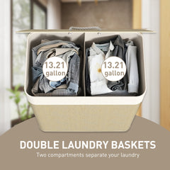 HOMCOM Double Laundry Basket with Lid, 26.4 Gallon Bamboo Laundry Hamper with Rope Handles and Removable Liner, Natural