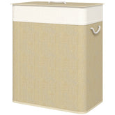 HOMCOM Double Laundry Basket with Lid, 26.4 Gallon Bamboo Laundry Hamper with Rope Handles and Removable Liner, Natural