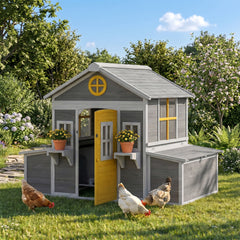 PawHut Wooden Chicken Coop, Hen House for 2-4 Hens, Outdoor Playhouse Poultry Cage with Nesting Boxes, Waterproof Roof, Windows