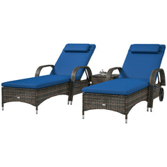 Outsunny Patio Wicker Chaise Lounge Chair Set of 2 with Table, Adjustable Backrest, Wheels, Cushion & Headrest, Blue