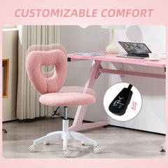 HOMCOM Armless Computer Desk Chair, Office Task Chair, Teddy Fleece Heart Makeup Vanity Chair with Swivel Wheels, Pink