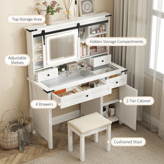 HOMCOM Vanity Desk Set with Mirror and Lights, Cushioned Stool, Storage Drawer, Cabinet, Shelves for Bedroom, White