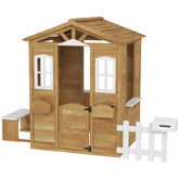 Outsunny Outdoor Playhouse for Kids Wooden Cottage with Working Doors Windows & Mailbox for Age 3-6 Years, Natural Wood