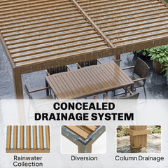 Outsunny 10' x 10' Louvered Pergola with Solar LED lights, Metal Roof, Outdoor Pergola Patio Gazebo with Drainage Gutters, Brown