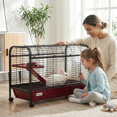 PawHut 41"L Small Animal Cage, Pet Play House for Rabbit Hutch Ferret with Feeder, Rolling Wheels, Platform, Ramp