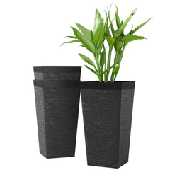 Outsunny 22.8 Inch Set of 3 Outdoor Planters with Stone Finish and Wheels, Stackable Tapered Planters with Drainage Hole, Black