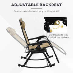 Outsunny 2 Outdoor Rocking Chairs Foldable Reclining Zero Gravity Lounge Rockers w/ Pillow Cup & Phone Holder, Beige