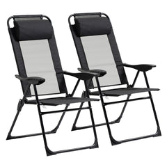 Outsunny Folding Patio Dining Chairs Set of 2, Outdoor Deck Chair with Adjustable Sling Back, Camping Chair with Removable Headrest for Garden, Backyard, Lawn, Black