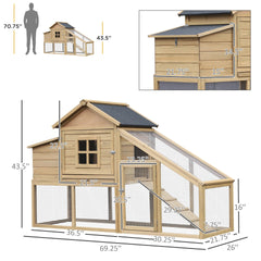 PawHut 69" Wooden Chicken Coop, Poultry Cage Hen House with Connecting Ramp, Tray, Ventilated Window and Nesting Box