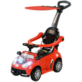 Qaba 3 in 1 Push Car Sliding Car with Removable Handle, Music, Horn, Canopy, Safety Guardrail, Red