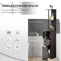 HOMCOM 54" Tall Bathroom Storage Cabinet, Freestanding Linen Tower with 2-Tier Shelf and Drawers, Narrow Side Floor Organizer, Brown