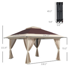 Outsunny 13' x 13' Pop Up Gazebo Instant Canopy Tent Shelter with 2-Tier Roof, Carry Bag, Wight Bags for Outdoor, Garden, Brown