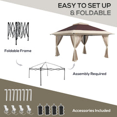 Outsunny 13' x 13' Pop Up Gazebo Instant Canopy Tent Shelter with 2-Tier Roof, Carry Bag, Wight Bags for Outdoor, Garden, Brown