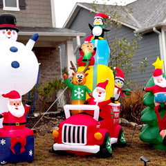 Outsunny 9ft Christmas Inflatables Outdoor Decorations Santa Claus Drives a Gift Car with Elk, Elf and Two Penguins, Blow-Up LED Yard Christmas Decor for Garden, Lawn