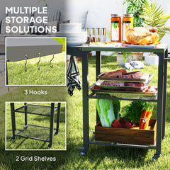 Outsunny Three-Shelf Outdoor Grill Cart Table with Foldable Side Table, Stainless Steel Top Pizza Oven Stand with Hooks, Silver