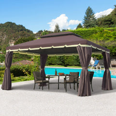 Outsunny 10' x 13' Patio Gazebo, Aluminum Frame Double Roof Outdoor Gazebo Canopy Shelter with Netting & Curtains, Coffee