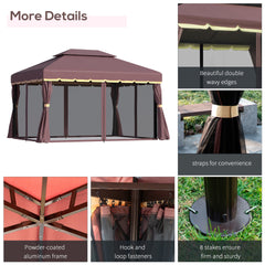 Outsunny 10' x 13' Patio Gazebo, Aluminum Frame Double Roof Outdoor Gazebo Canopy Shelter with Netting & Curtains, Coffee