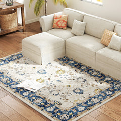 HOMCOM Machine Washable Area Rug 5x7, Non-Slip Boho Floral Print Floor Carpet for Living Room, Bedroom, Dining Room, Blue