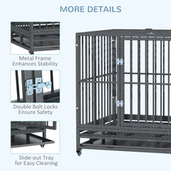 PawHut 43" Heavy Duty Dog Crate Metal Cage Kennel with Lockable Wheels, Double Door and Removable Tray, Gray