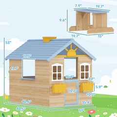 Outsunny Wooden Playhouse for Kids Outdoor Garden with Working Door, Windows, Bench, Service Station, Flowers Pot Holder, Blue