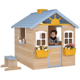 Outsunny Wooden Playhouse for Kids Outdoor Garden with Working Door, Windows, Bench, Service Station, Flowers Pot Holder, Blue