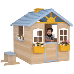 Outsunny Wooden Playhouse for Kids Outdoor Garden with Working Door, Windows, Bench, Service Station, Flowers Pot Holder, Blue