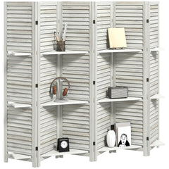 HOMCOM 6 Panel 67" Tall Wood Privacy Screen Room Divider with 3 Shelves and Folding Storage for Bedroom, White